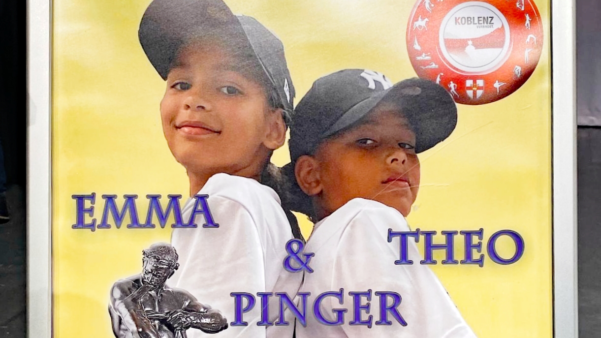 Auszug Plakat mit der Sportlerin und dem Sportler des Jahres 2024 der Stadt Koblenz Emma und Theo Pinger