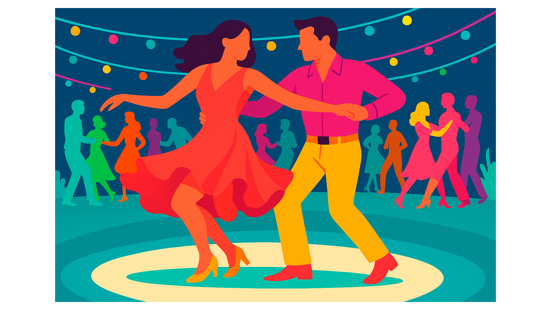 Die Grafik zeigt ein Paar, das vor anderen Paaren Salsa tanzt.